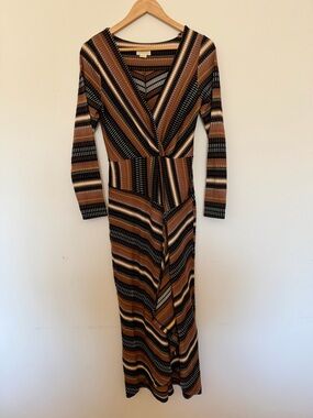 Anthropologie Brown and Black Striped Maxi Wrap Dress